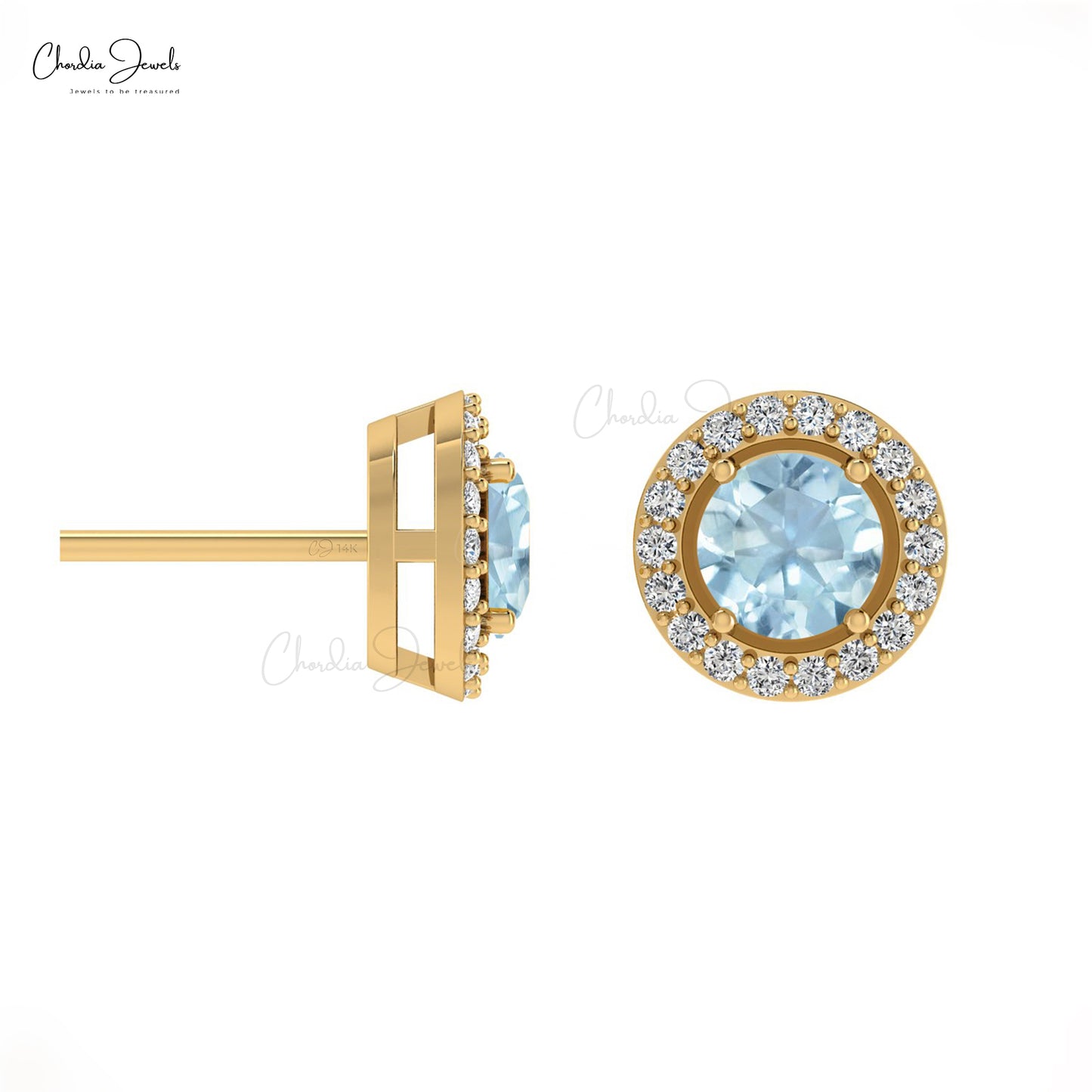 Load image into Gallery viewer, Minimalist Aquamarine &amp;amp; Round Diamond Halo Earrings in 14K Solid Gold
