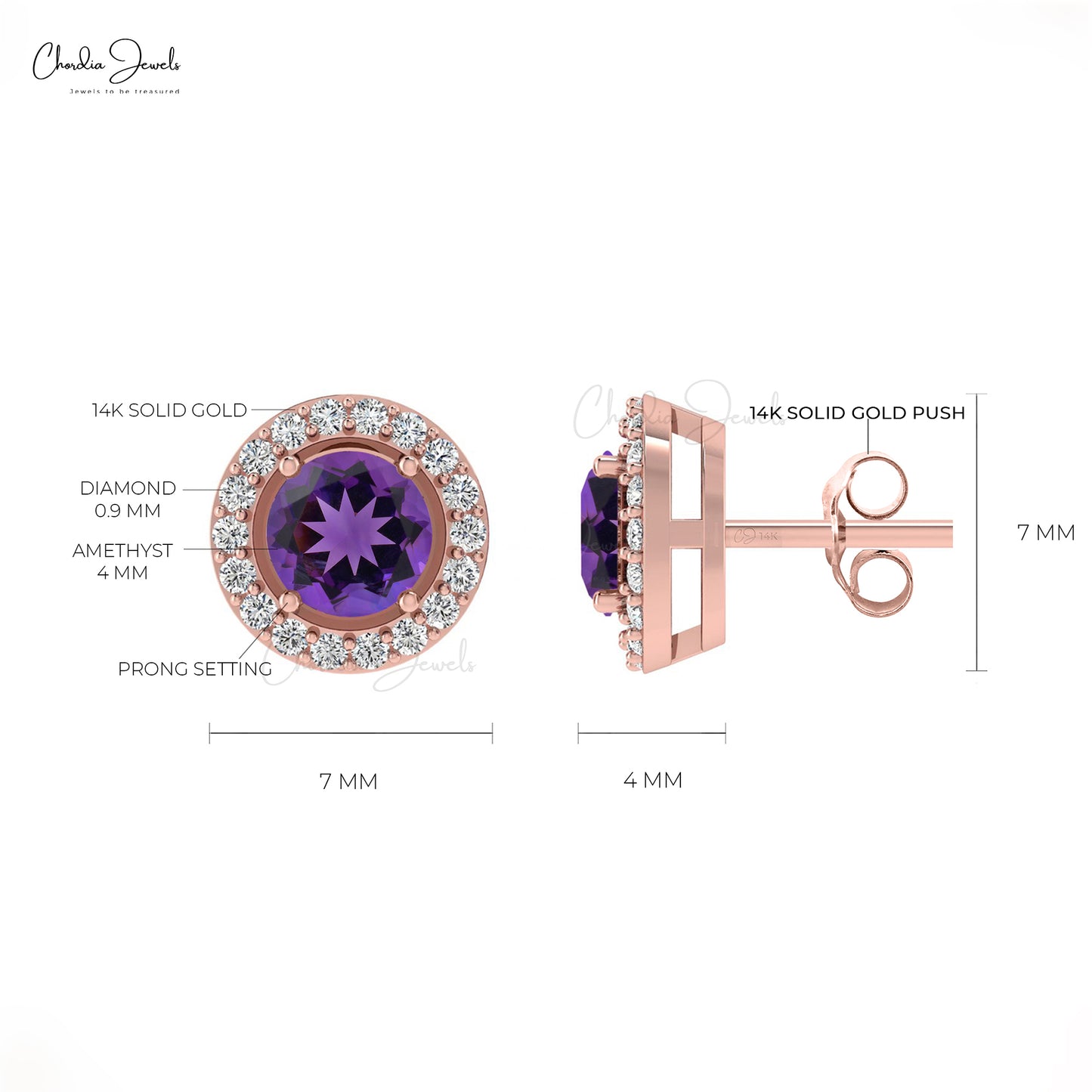  amethyst stud earrings in 14k Rose Gold with Round White Diamond 