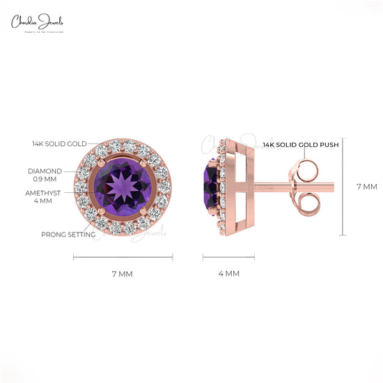  amethyst stud earrings in 14k Rose Gold with Round White Diamond 