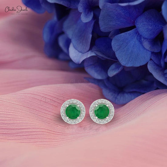 Load image into Gallery viewer, Green Emerald May Birthstone Halo Earrings 14k Real Gold White Diamond Earrings 4mm Round Cut Natural Gemstone Elegant Jewelry
