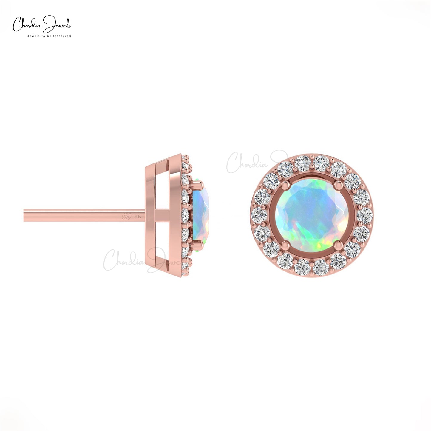 Authentic Opal & Round Diamond Halo Earrings In 14K Gold For Women