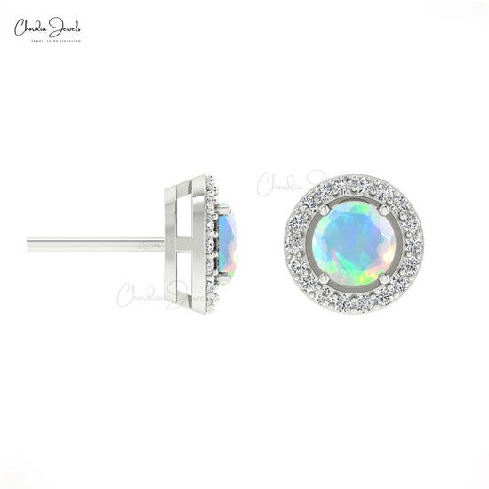 Authentic Opal & Round Diamond Halo Earrings In 14K Gold For Women