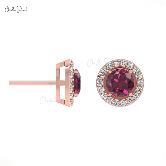 Natural Round Rhodolite Garnet 14K Gold Halo Earrings