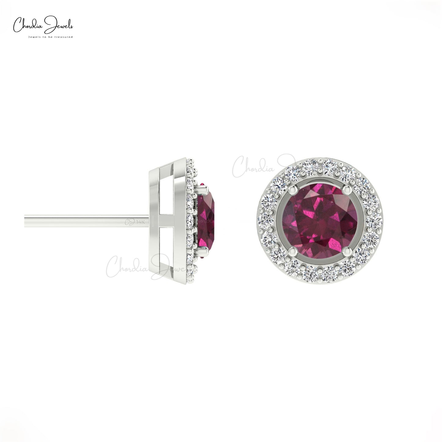 Natural Round Rhodolite Garnet 14K Gold Halo Earrings