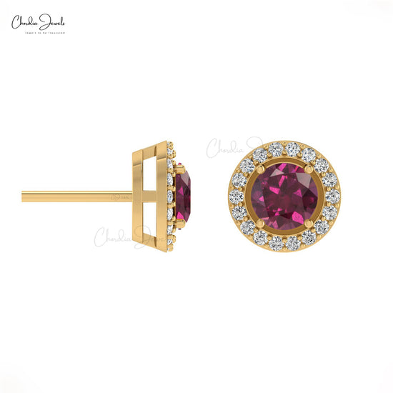 Natural Round Rhodolite Garnet 14K Gold Halo Earrings