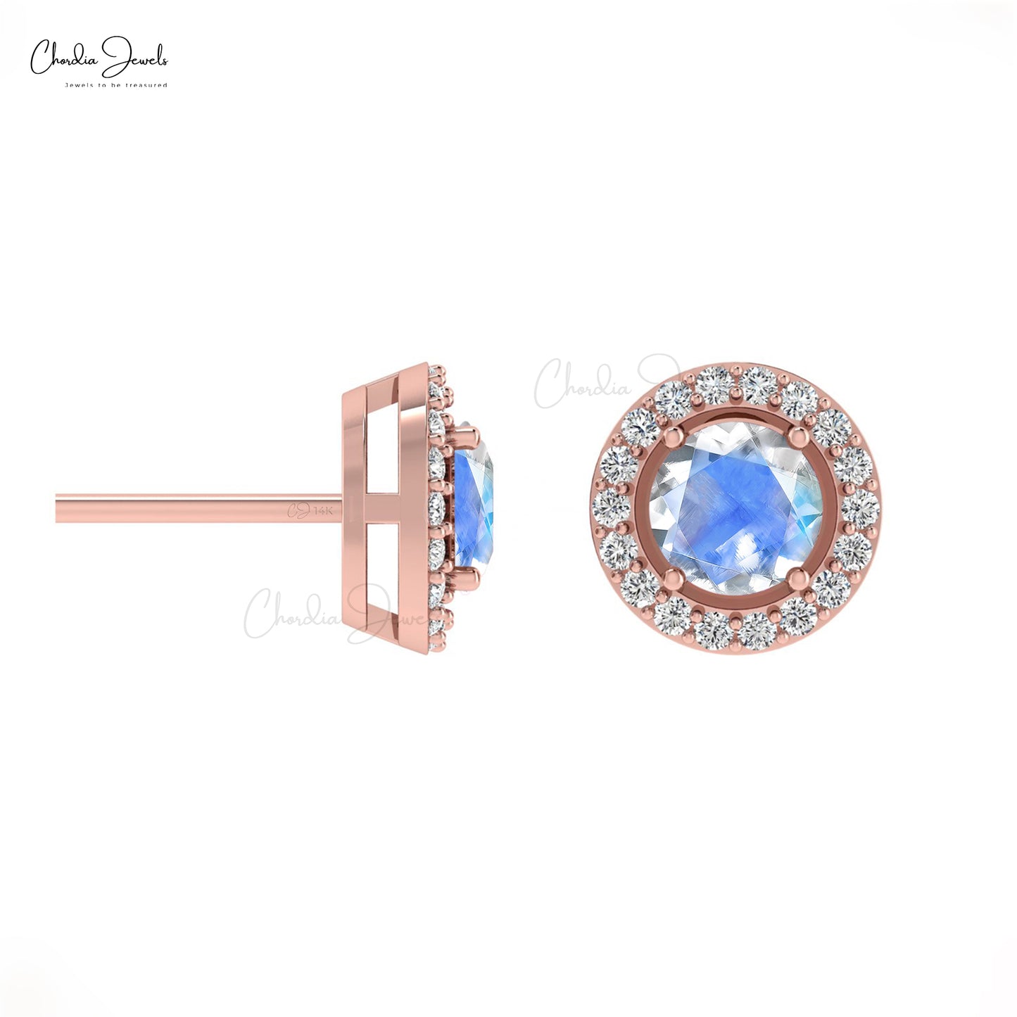 Authentic Rainbow Moonstone & Round Diamond Halo Earrings In 14K Gold For Women