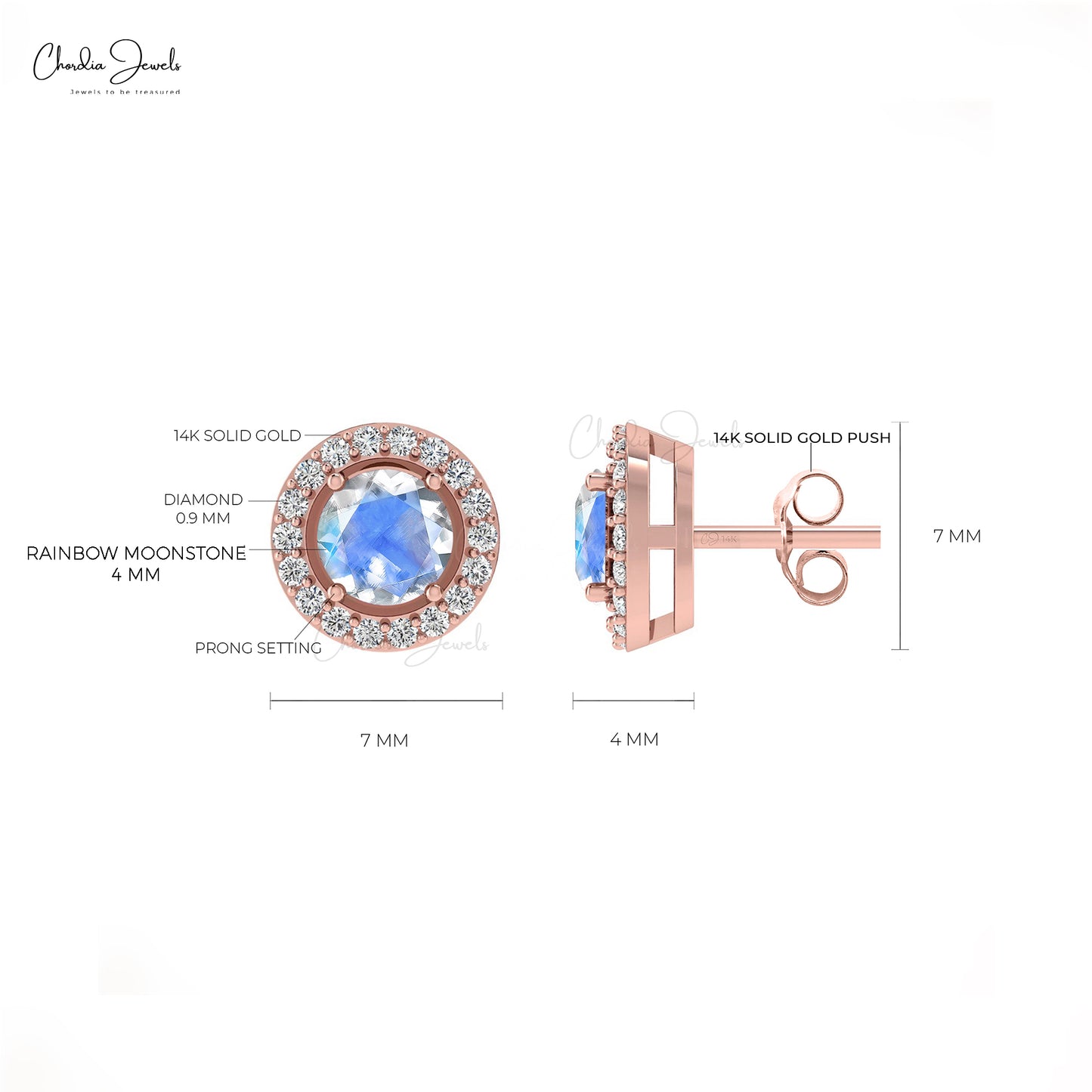 Authentic Rainbow Moonstone & Round Diamond Halo Earrings In 14K Gold For Women