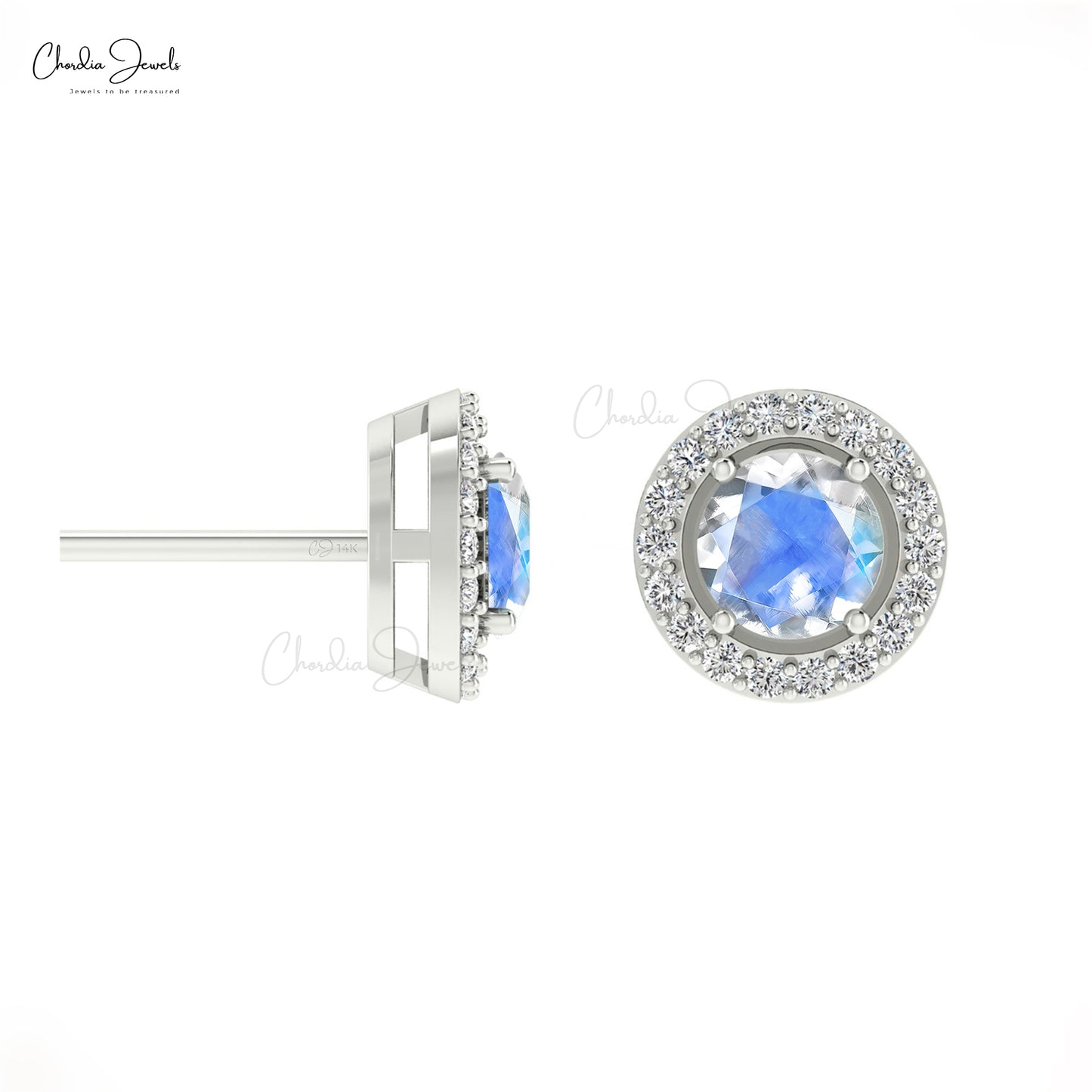 Authentic Rainbow Moonstone & Round Diamond Halo Earrings In 14K Gold For Women