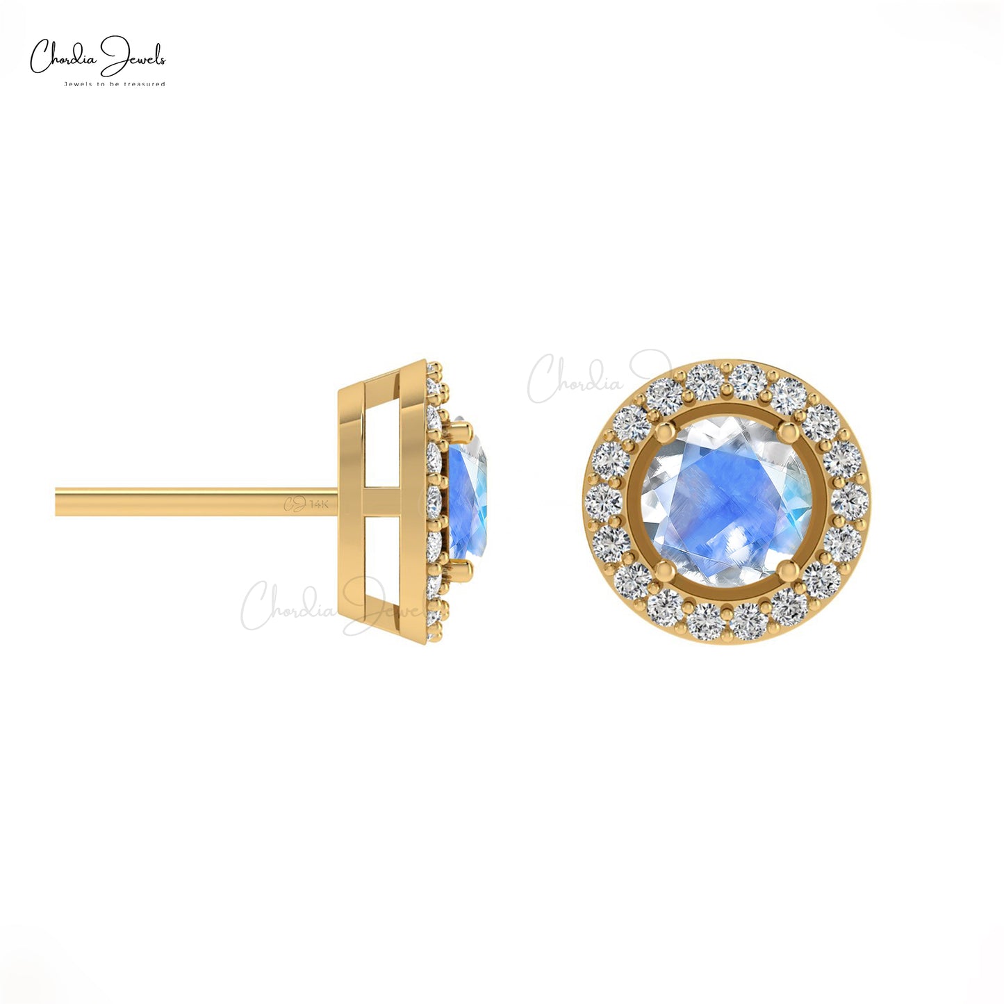 Authentic Rainbow Moonstone & Round Diamond Halo Earrings In 14K Gold For Women