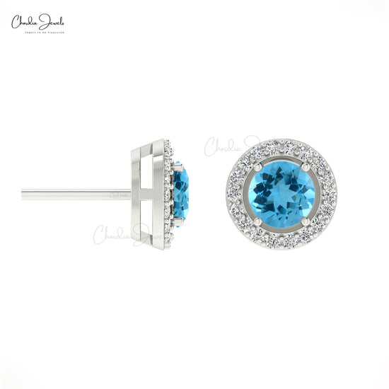 Round Cut Swiss Blue Topaz & Diamond Halo Earrings in 14K Gold