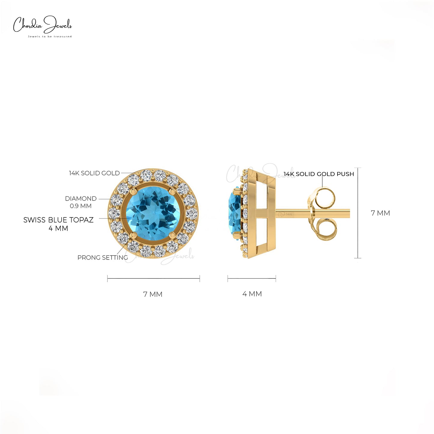 Round Cut Swiss Blue Topaz & Diamond Halo Earrings in 14K Gold