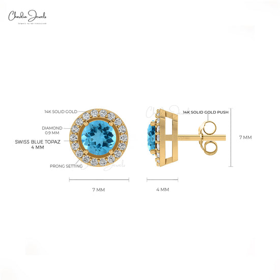 Round Cut Swiss Blue Topaz & Diamond Halo Earrings in 14K Gold