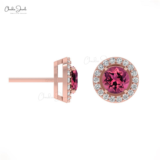 Load image into Gallery viewer, Genuine 14K Gold AAA Pink Tourmaline And Round Diamond Halo Earrings
