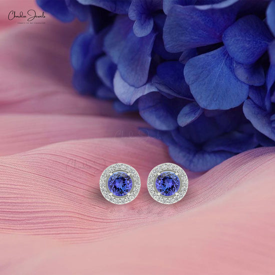 Load image into Gallery viewer, Delicate Blue Tanzanite 4mm Round Cut Halo Earrings Genuine 14k Real Gold 0.9mm Round Cut Diamond Pave Set Studs For Her
