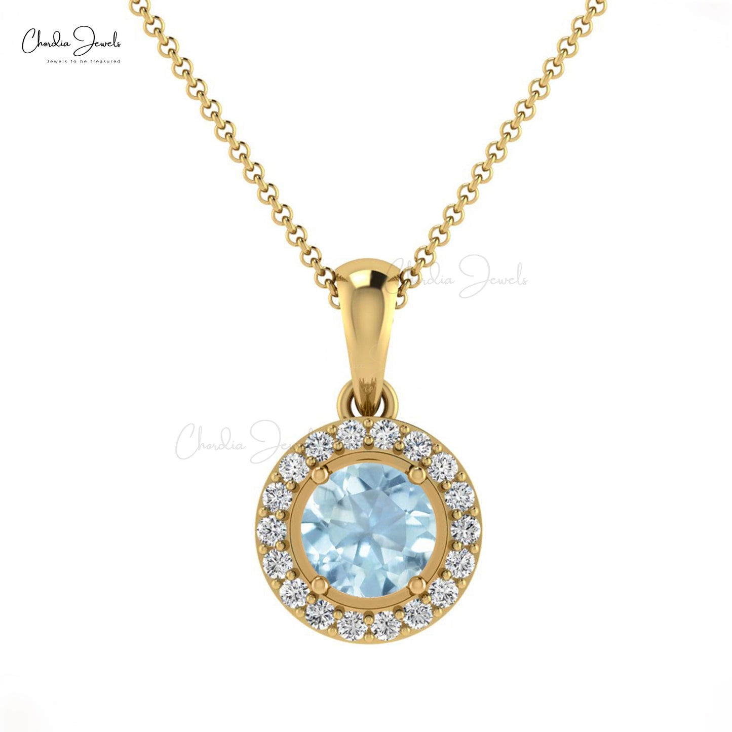 High Quality Aquamarine & Diamond Halo Pendant in 14K Gold Fine Jewelry