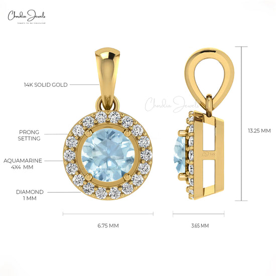 High Quality Aquamarine & Diamond Halo Pendant in 14K Gold Fine Jewelry