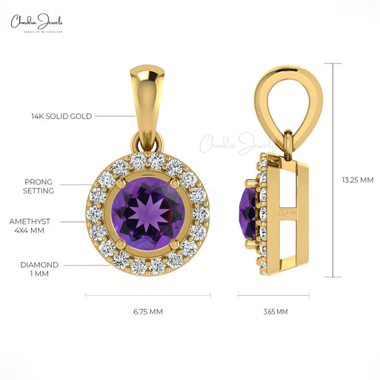 Load image into Gallery viewer, Natural Amethyst Pendant, 14k Solid Gold Halo Pendant, 4mm Round Gemstone Pendant Women&amp;#39;s Gift Jewelry
