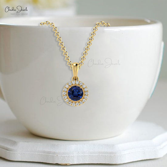 Load image into Gallery viewer, Natural Blue Sapphire Halo Pendant 14k Solid Gold Diamond Pendant 4mm Round Solitaire Gemstone Pendant
