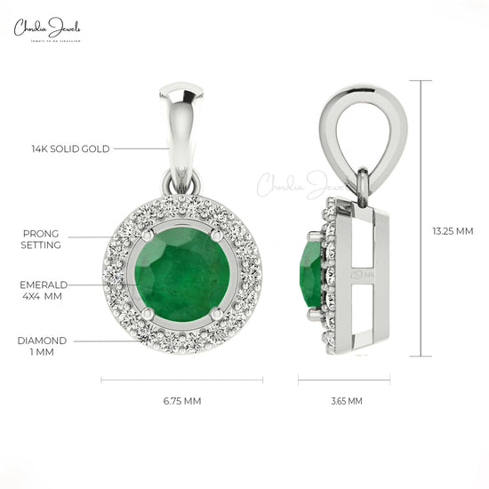 Halo Pendant With Round Diamond & Emerald 14k Solid Gold May Birthstone Pendant Jewelry