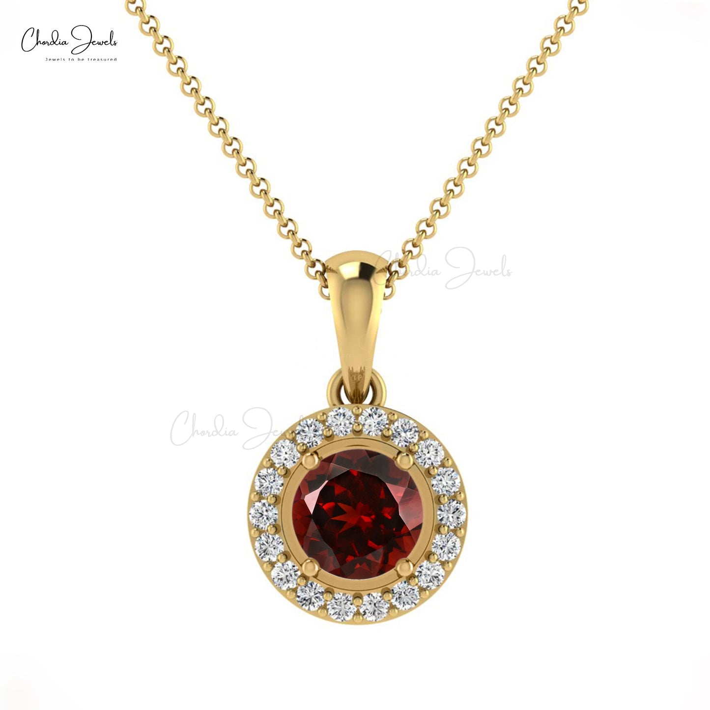 January Birthstone Round Cut Garnet in 14K Gold Diamond Halo Pendant