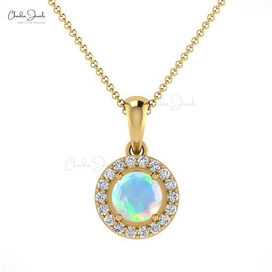 Fashion Simple Style Natural Ethiopian Fire Opal and White Diamond Halo Pendant Necklace in 14k Real Gold Anniversary Gift For Wife