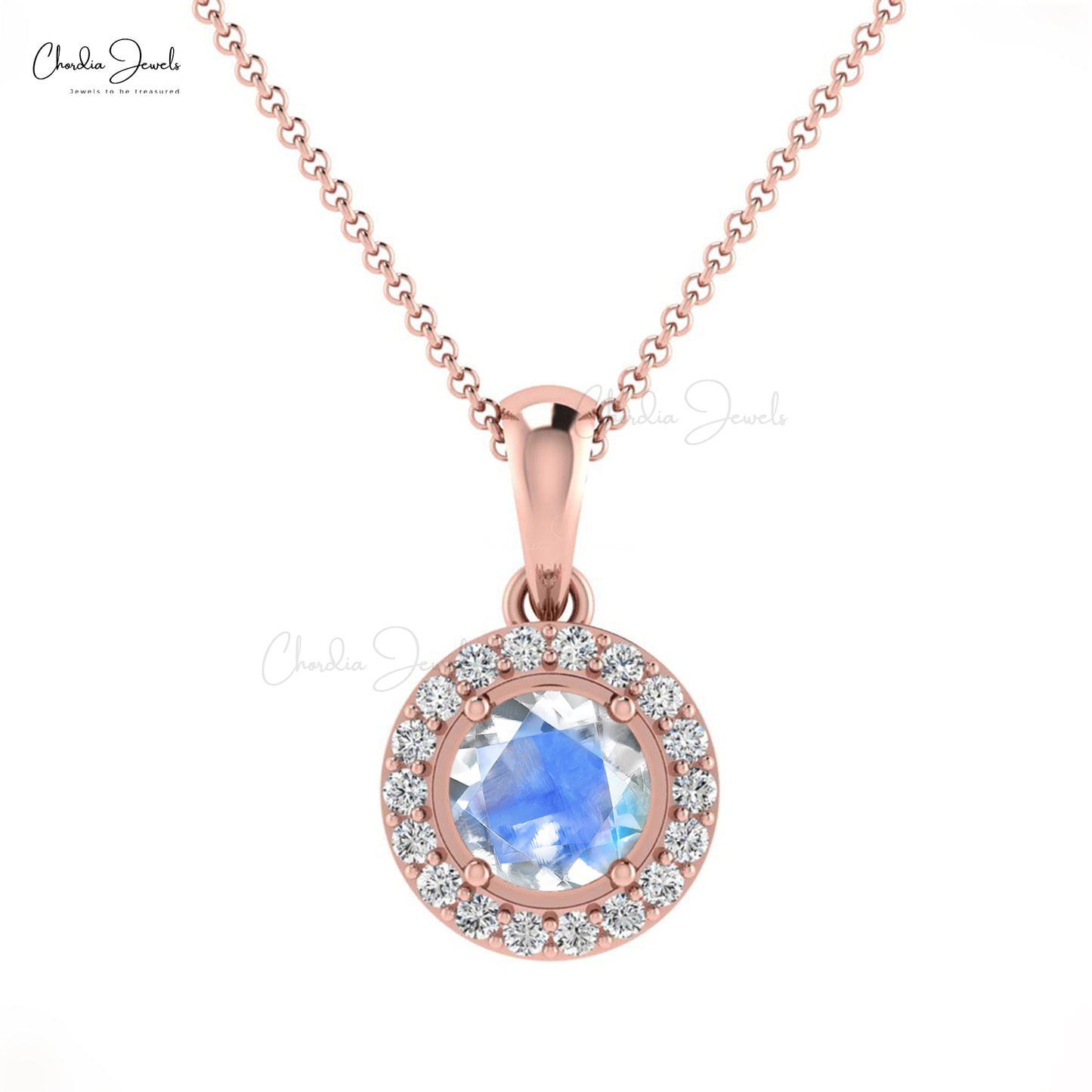 Customize Halo Style Natural Rainbow Moonstone and White Diamond Halo Pendant Necklace For Her 14k Pure Gold Light Weight Jewelry Wedding Gift
