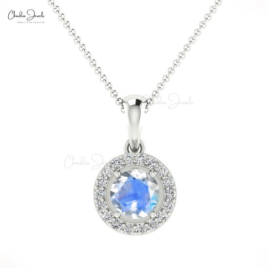 Customize Halo Style Natural Rainbow Moonstone and White Diamond Halo Pendant Necklace For Her 14k Pure Gold Light Weight Jewelry Wedding Gift