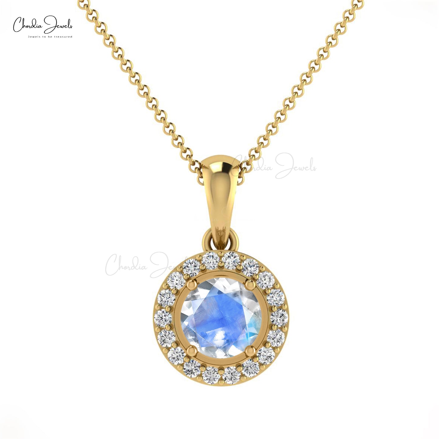 Load image into Gallery viewer, Natural Rainbow Moonstone Halo Pendant 14k Solid Gold Diamond Pendant 4mm Round Solitaire Gemstone Pendant

