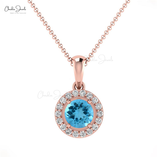 Unique Handmade Natural Diamond Halo Charms Pendant Necklace Round Shape Swiss Blue Topaz Gemstone Pendant in 14k Pure Gold Mother's Day Gift