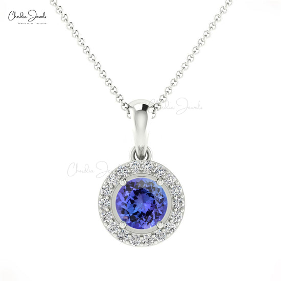 Beautiful Attractive White Diamond Halo Pendant Necklace Genuine Blue Tanzanite Gemstone Pendant in 14k Real Gold Valentine's Day Gift