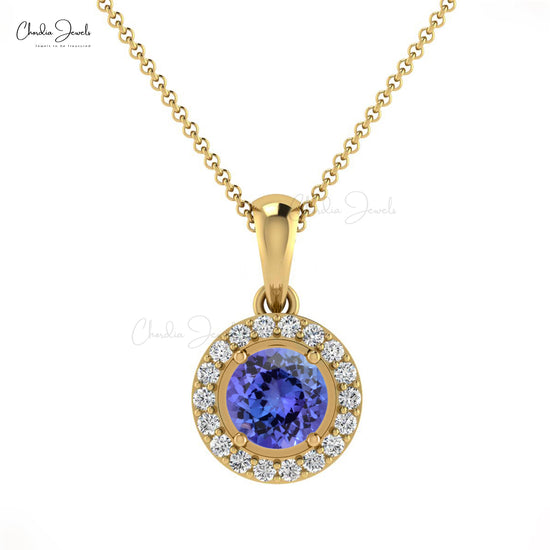 Beautiful Attractive White Diamond Halo Pendant Necklace Genuine Blue Tanzanite Gemstone Pendant in 14k Real Gold Valentine's Day Gift