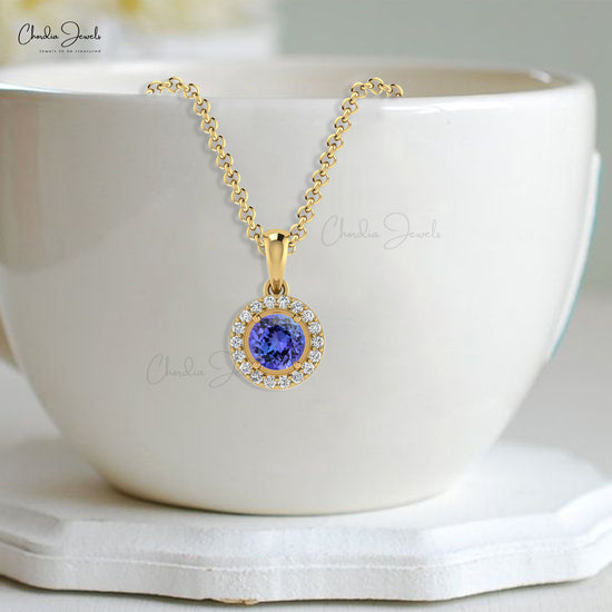 Beautiful Attractive White Diamond Halo Pendant Necklace Genuine Blue Tanzanite Gemstone Pendant in 14k Real Gold Valentine's Day Gift