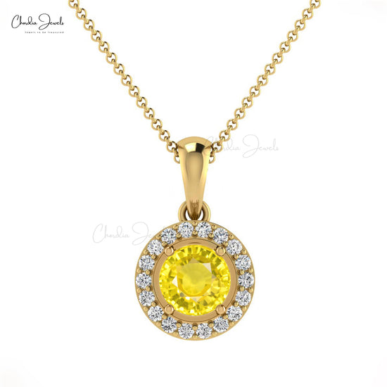 Natural Yellow Sapphire Halo Pendant 14k Solid Gold Diamond Pendant 4mm Round Solitaire Handmade Pendant