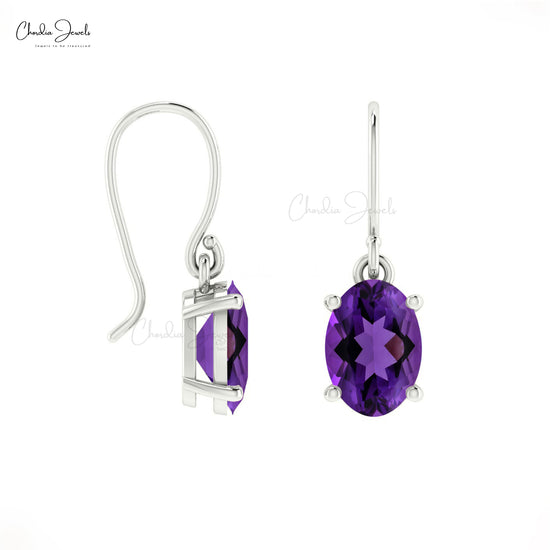 Amethyst Dangle Fish Hook Earring in 14k White Gold