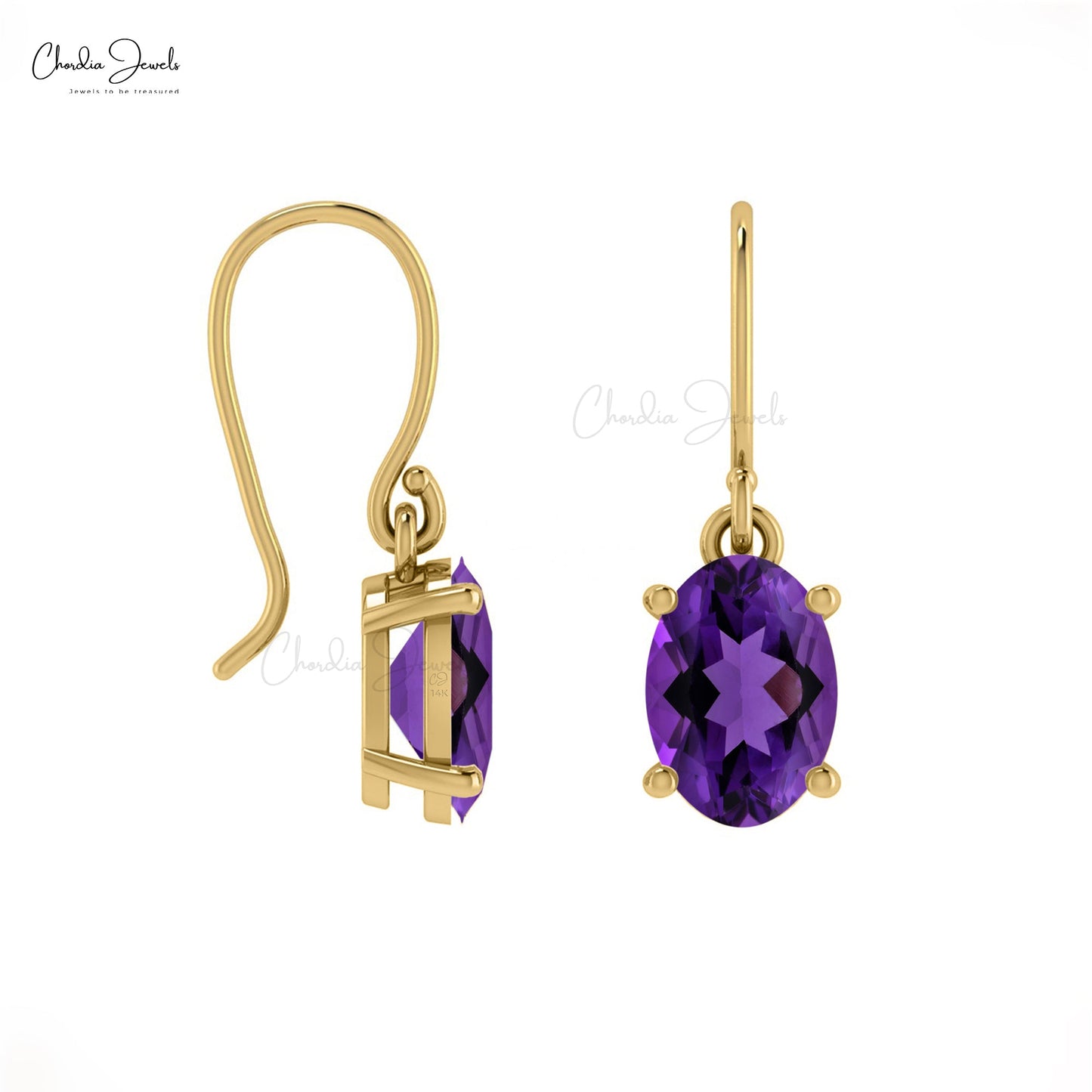 Amethyst Dangle Fish Hook Earring in 14k Gold