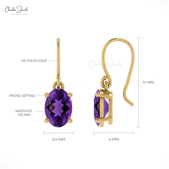 Amethyst Dangle Fish Hook Earring in 14k Gold