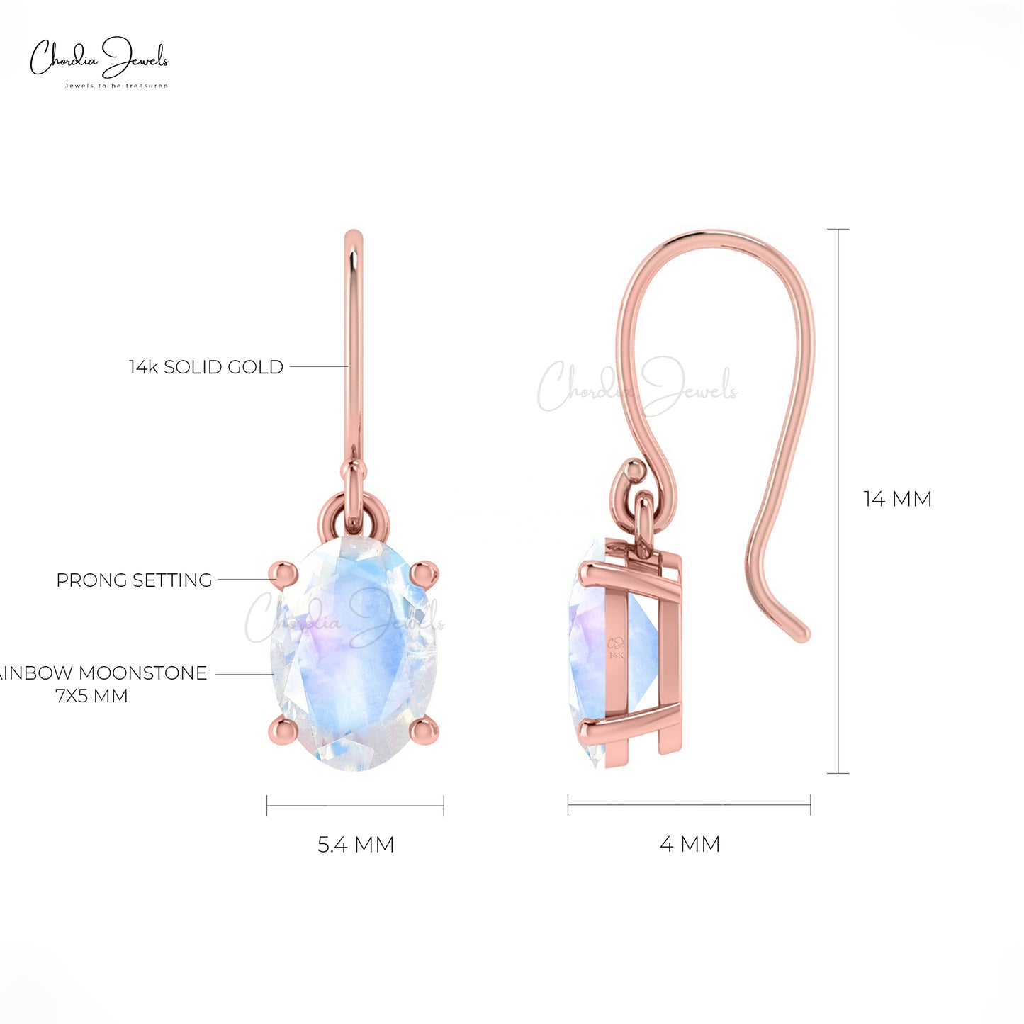 7x5mm Natural Rainbow Moonstone Earring with Fish Hook Earwire