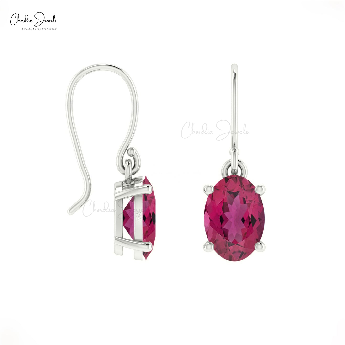 Natural Pink Tourmaline Dangle Earrings 14k Solid Gold White Diamond Fish Hook Earrings For Her