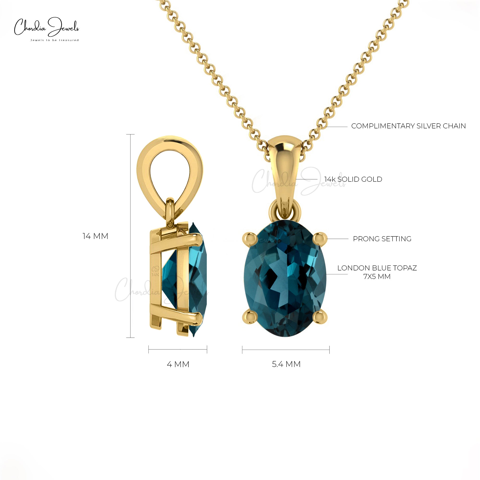 Gemstone Dangle Charm in Solid 14k Gold London Blue Topaz Solitaire Women Pendant
