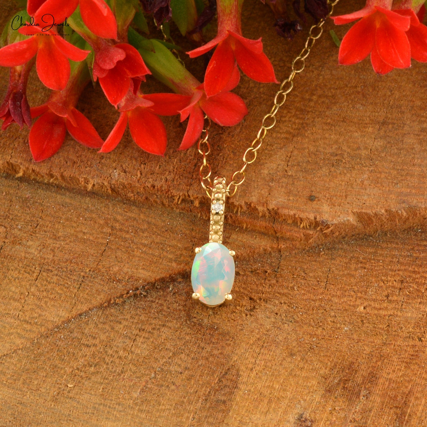 Natural White Diamond & Fir Opal Gemstone Hidden Bail Pendant Necklace 14k Sold Yellow Gold Handmade Jewelry For Her