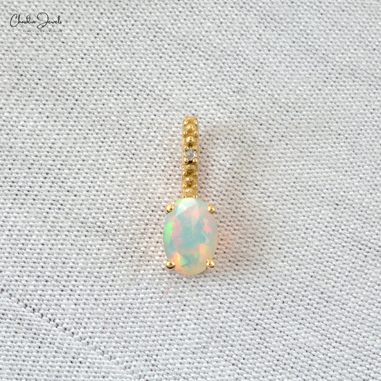 Natural White Diamond & Fir Opal Gemstone Hidden Bail Pendant Necklace 14k Sold Yellow Gold Handmade Jewelry For Her