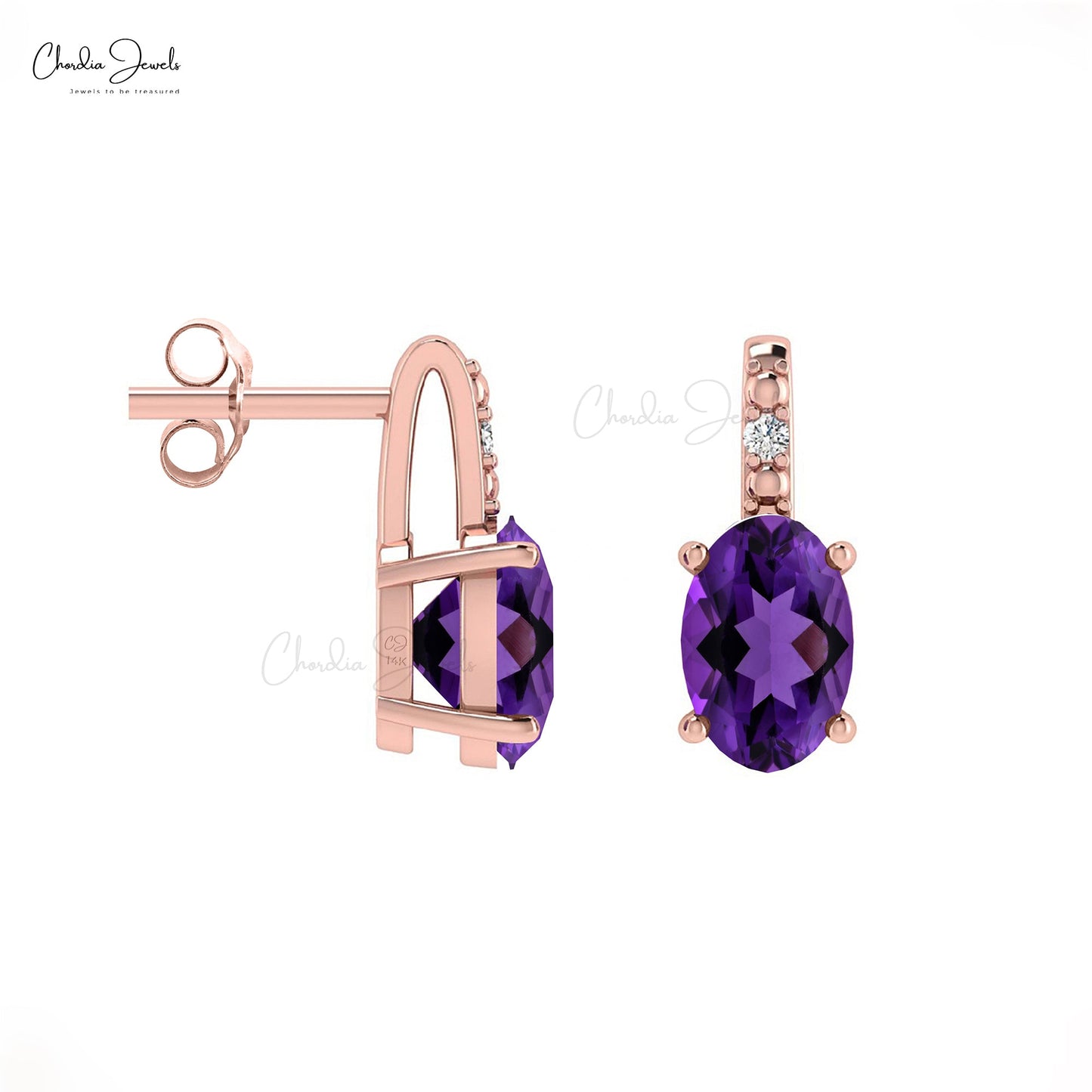 Unique Oval-Cut Amethyst 14k Rose Gold & G-H Diamond Earring 