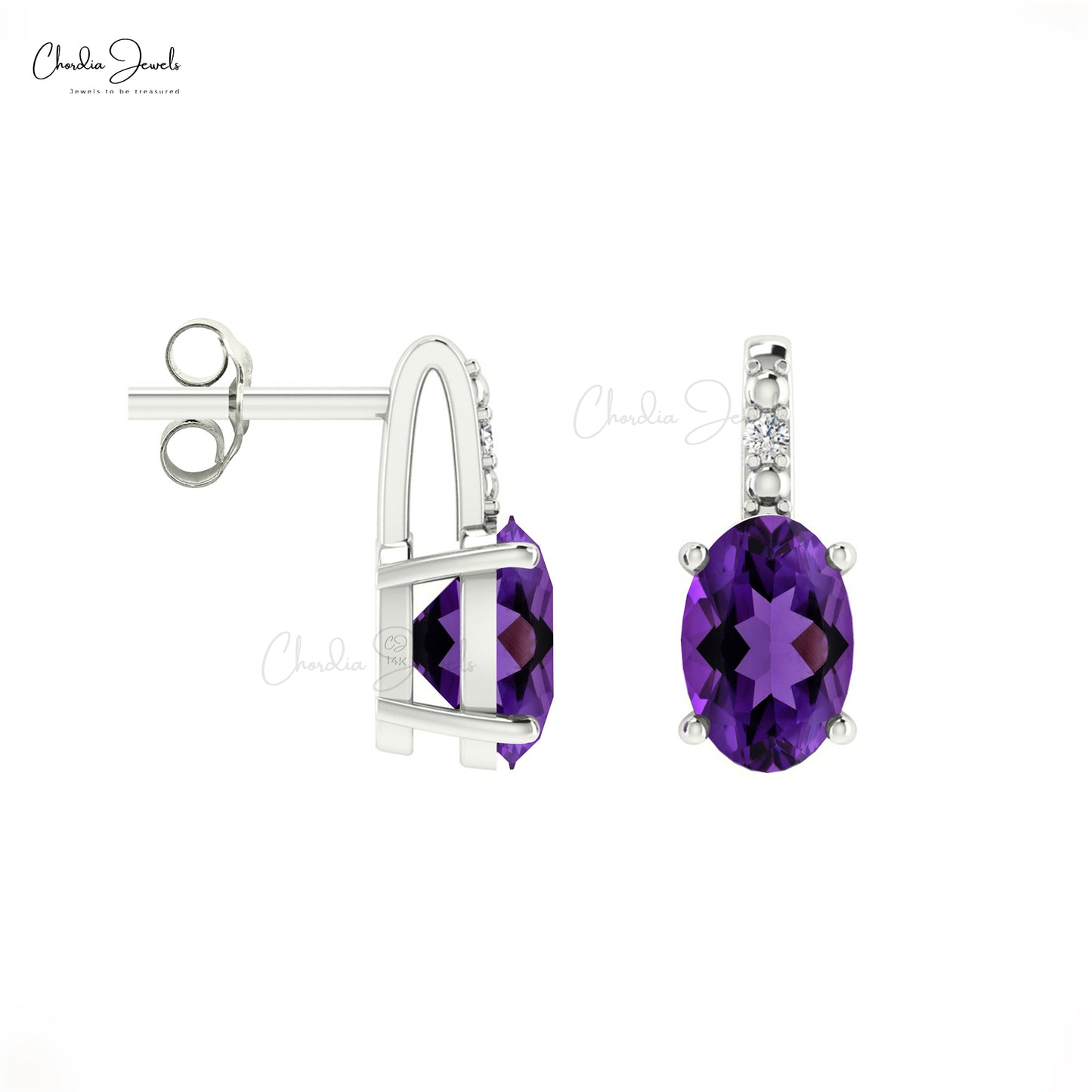 Unique Oval-Cut Amethyst 14k White Gold & G-H Diamond Earring 