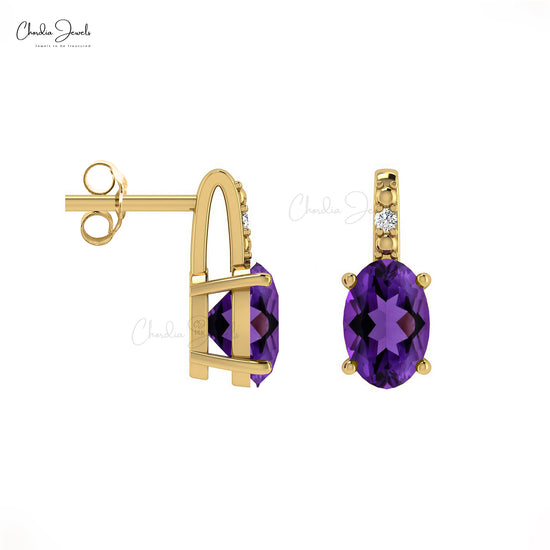 Unique Oval-Cut Amethyst 14k Gold & G-H Diamond earring 