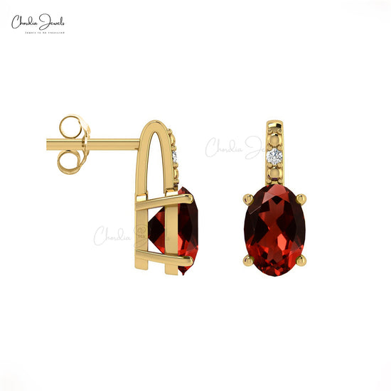 Oval Garnet & White Diamond Earrings In 14K Gold January Birthstone