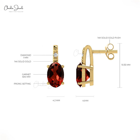 Oval Garnet & White Diamond Earrings In 14K Gold January Birthstone