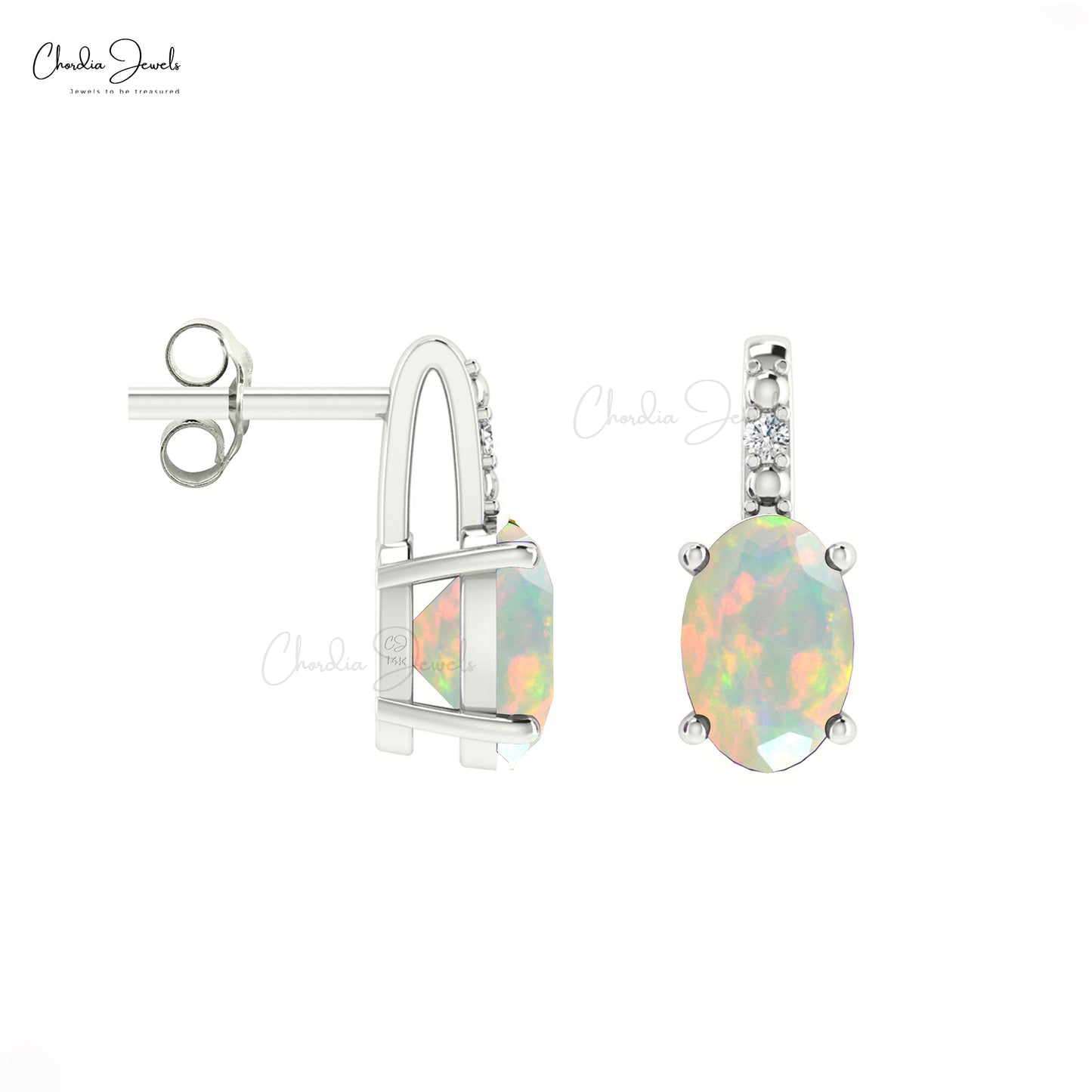 Oval Ethiopian Opal & Diamond 14K Gold Earrings 100% Natural