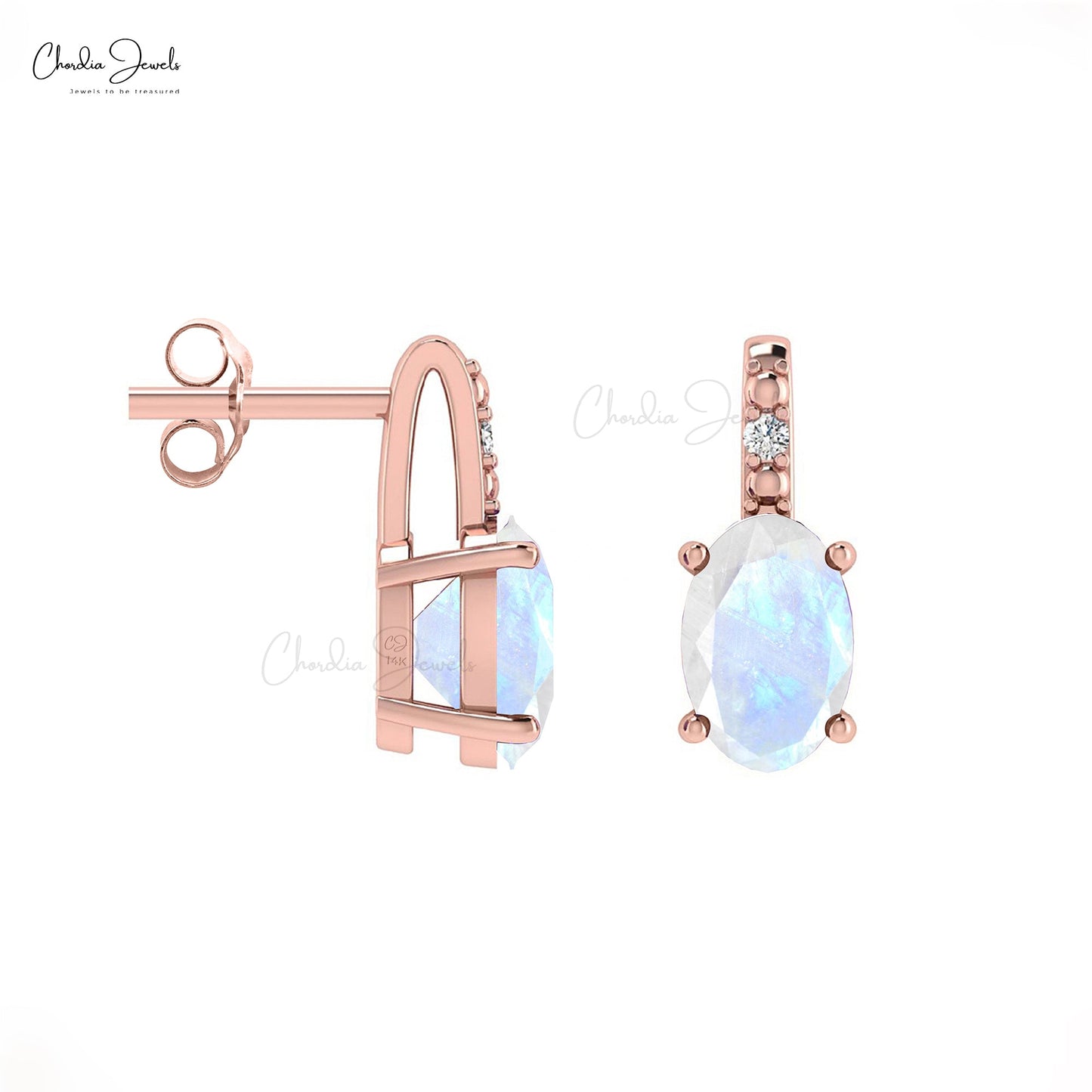 Load image into Gallery viewer, Fine Jewelry Rainbow Moonstone 14K Gold Earrings With Round Diamond
