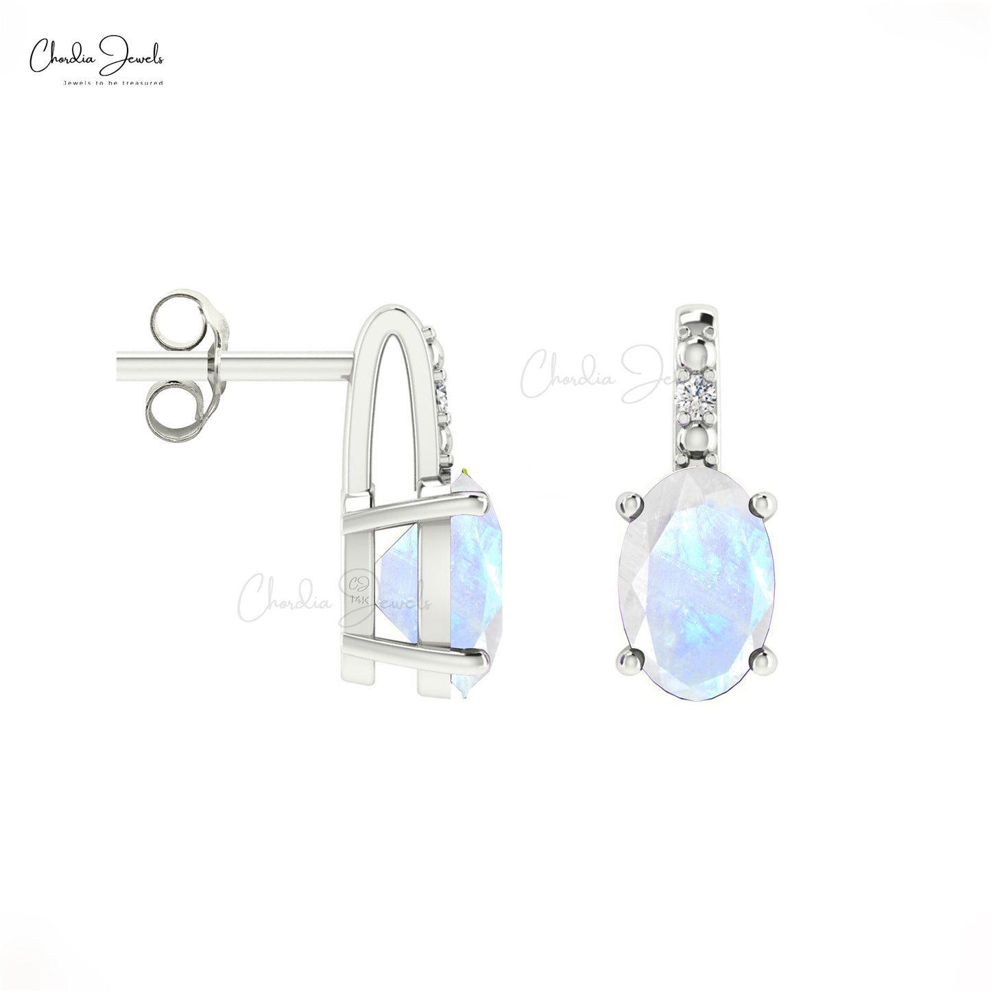 Fine Jewelry Rainbow Moonstone 14K Gold Earrings With Round Diamond