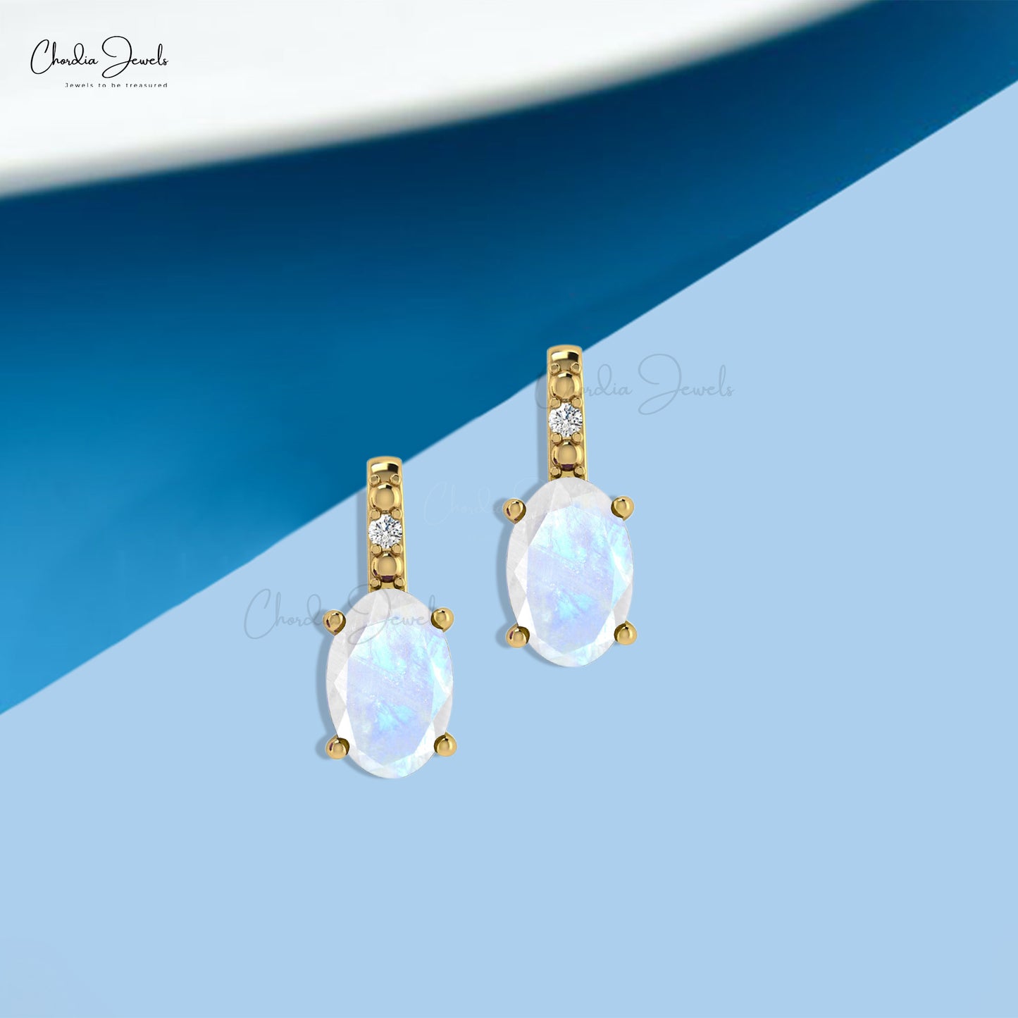 Load image into Gallery viewer, Fine Jewelry Rainbow Moonstone 14K Gold Earrings With Round Diamond
